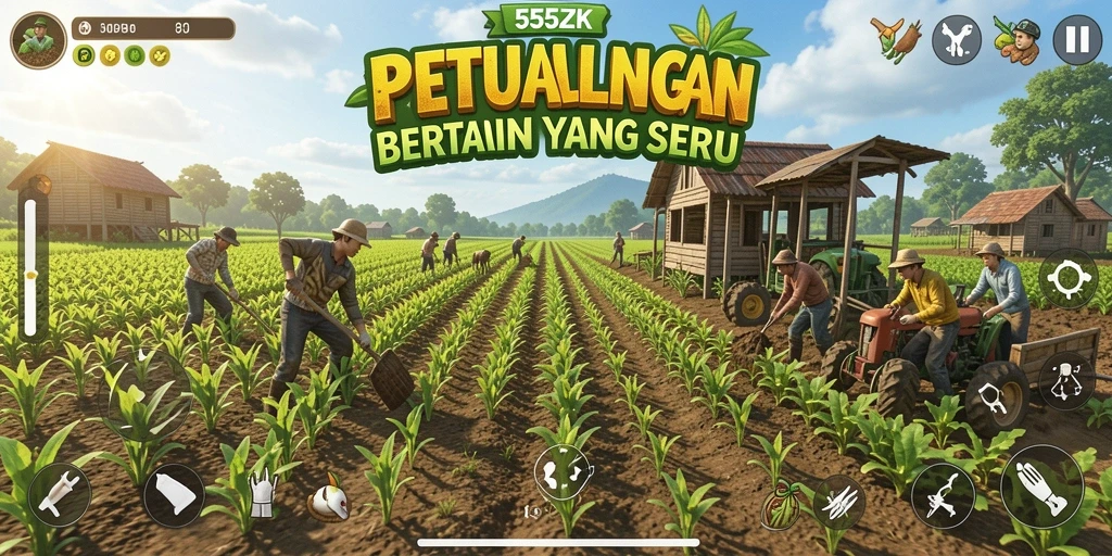 Screenshot menampilkan kebun indah dan aktivitas bertani di 555ZK.