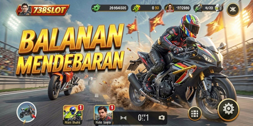 Tampilan menegangkan dari gameplay balapan motor di 738SLOT.