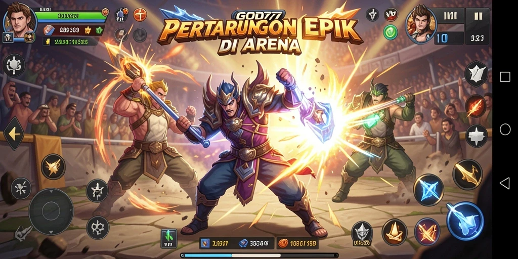 Screenshot gameplay GOD77 menampilkan pertarungan epik yang mendebarkan.
