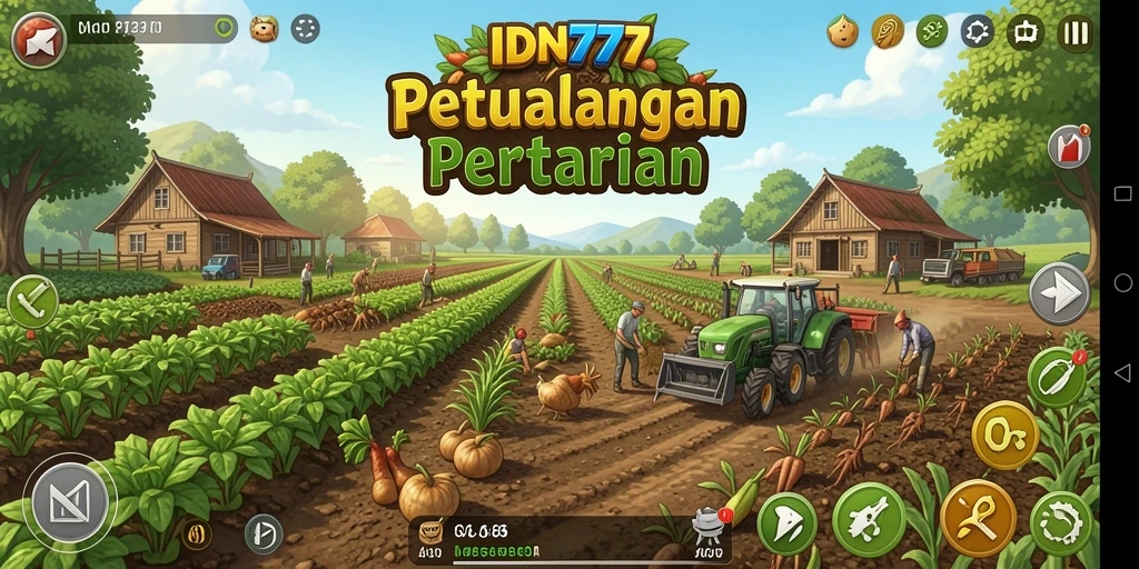 Tampilan gameplay IDN777 menunjukkan aktivitas pertanian yang seru.