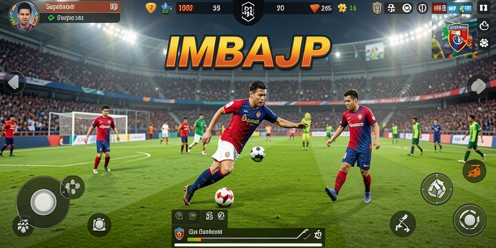 Screenshot gameplay IMBAJP menunjukkan aksi menarik di lapangan sepak bola.