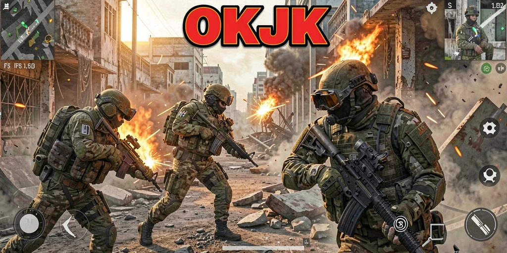 Screenshot gameplay OKJK menampilkan aksi tembak-menembak yang mendebarkan.