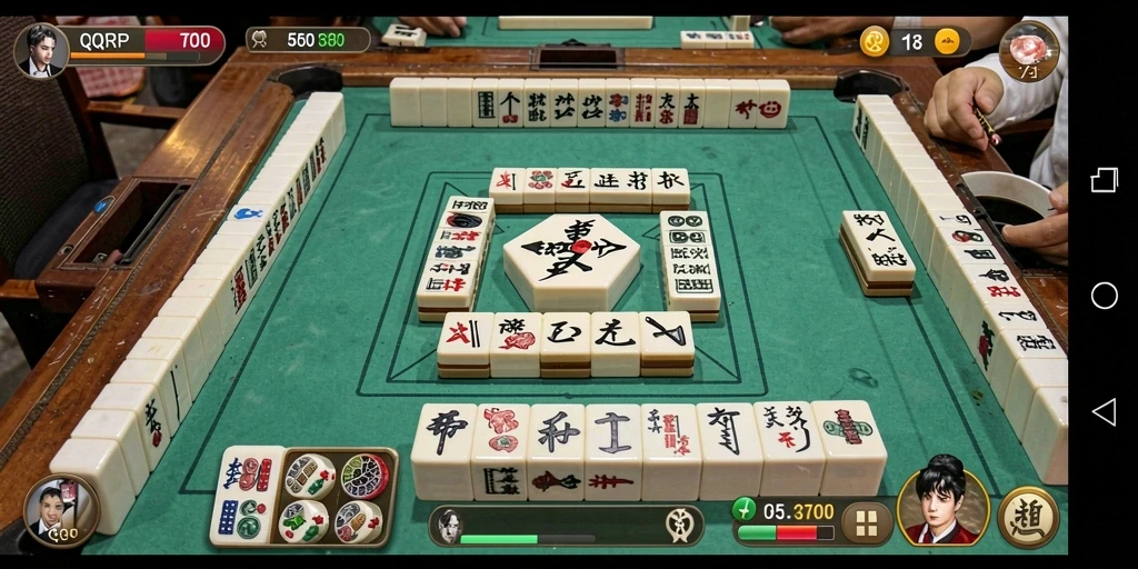 Screenshot gameplay QQRP menampilkan suasana permainan Mahjong yang seru.