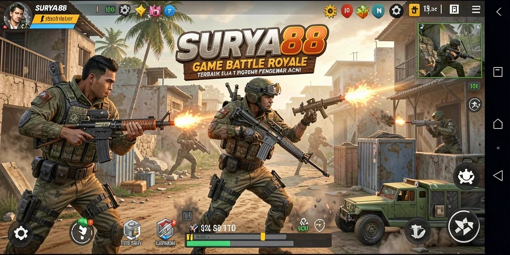 Screenshot permainan SURYA88 yang menunjukkan aksi Battle Royale yang seru.