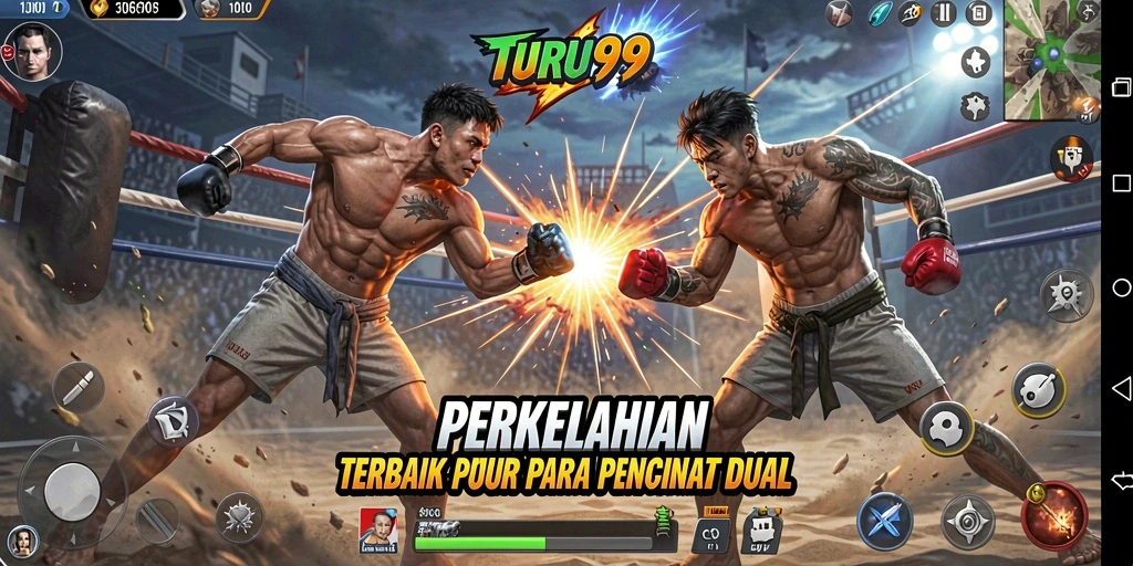 Screenshot gameplay TURU99 menampilkan aksi pertarungan yang seru dan karakter menonjol.