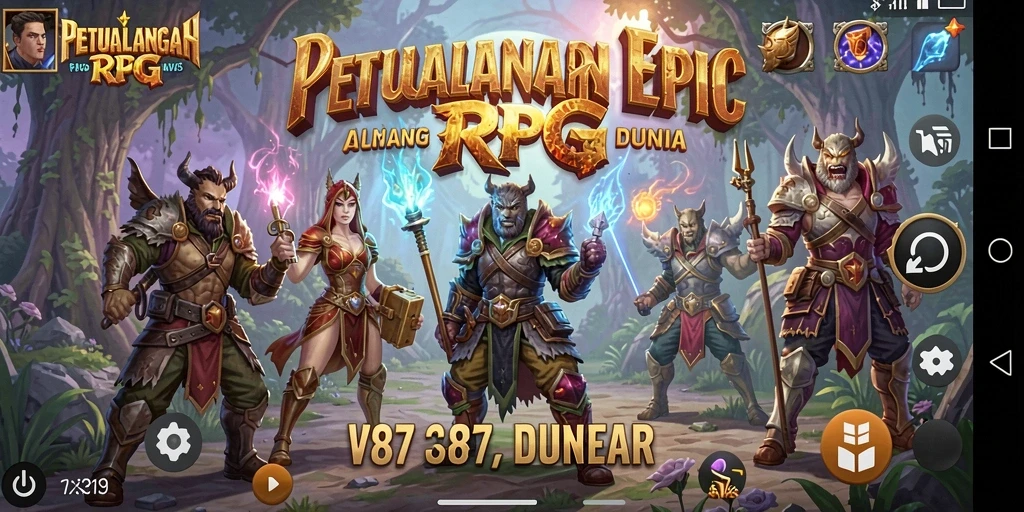 Screenshot utama V87 menampilkan pertarungan seru dalam dunia RPG.