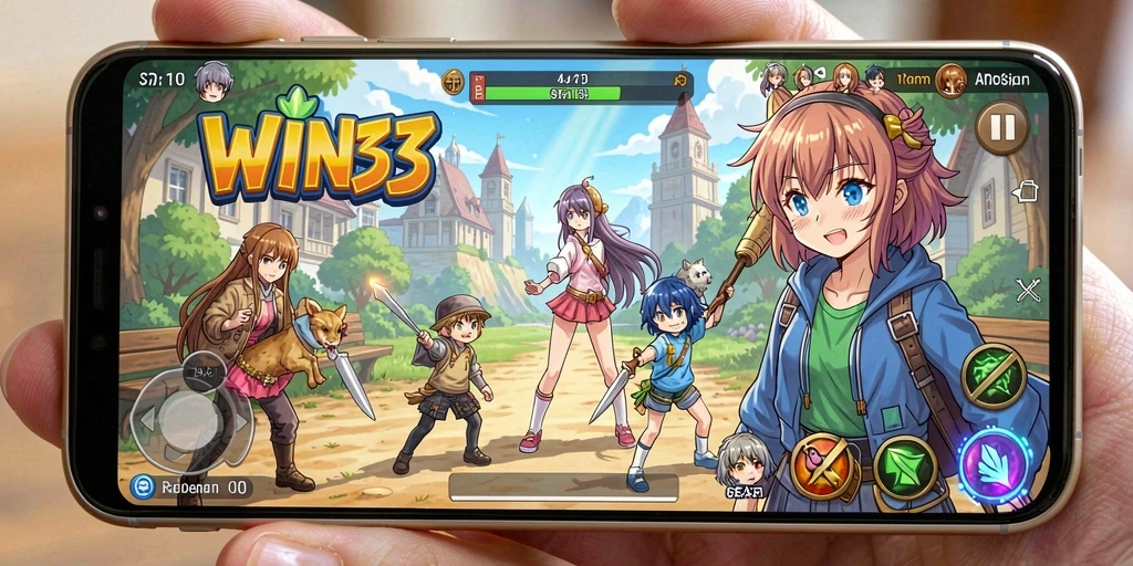 Tampilan gameplay <strong>WIN33</strong> dengan karakter anime yang dinamis.